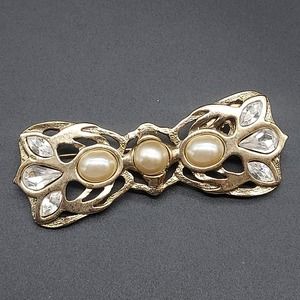 1928 Brand Bow Tie Shape Brooch Gold Tone Faux Pearl Rhinestone Vintage Costume